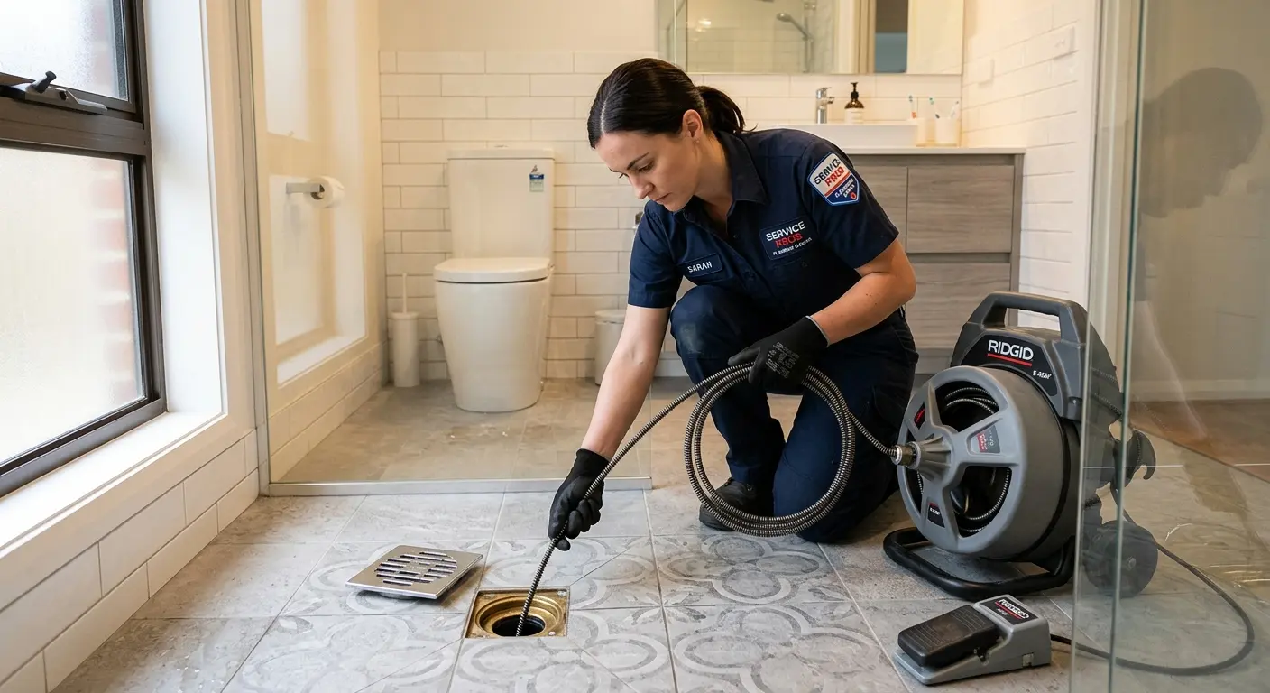 Technician clearing a bathroom floor drain for Drain Repair in Dillon